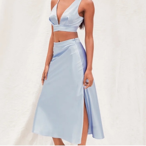 New Lulu's Forever a Flirt Light Blue Satin Two-Piece Midi Dress - Picture 2 of 10